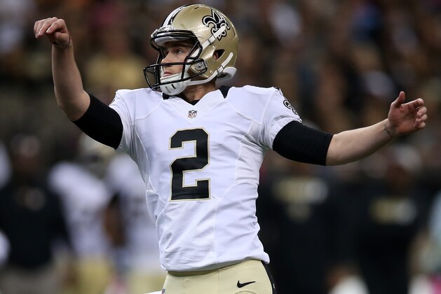 NEW ORLEANS, LA - OCTOBER 04:  Zach Hocker #2 of the New Orleans Saints kicks off during the third quarter against the Dallas Cowboys at Mercedes-Benz Superdome on October 4, 2015 in New Orleans, Louisiana.  (Photo by Chris Graythen/Getty Images)