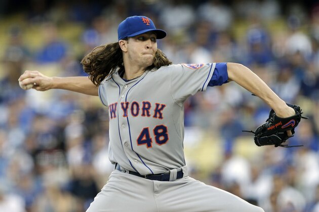 New York Mets starting pitcher Jacob deGrom works against a Los Angeles Dodgers batter during the first inning in Game 5 of baseball's National League Division Series Thursday, Oct. 15, 2015, in Los Angeles. (AP Photo/Alex Gallardo)