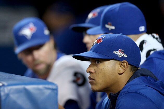 TORONTO, ON - OCTOBER 14:  Marcus Stroman #6 of the Toronto Blue Jays sits in the dugout in the seventh inning while taking on the Texas Rangers in game five of the American League Division Series at Rogers Centre on October 14, 2015 in Toronto, Canada.  (Photo by Vaughn Ridley/Getty Images)