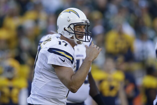 San Diego Chargers quarterback Philip Rivers (17) calls a play during the first half of an NFL football game against the Green Bay Packers, Sunday, Oct. 18, 2015, in Green Bay, Wis. (AP Photo/Jeffrey Phelps)