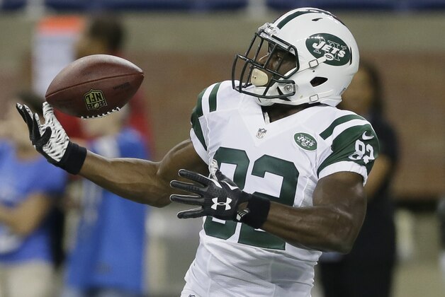 New York Jets wide receiver Quincy Enunwa makes a catch during warmups of an NFL preseason football game against the Detroit Lions, Thursday, Aug. 13, 2015, in Detroit. (AP Photo/Carlos Osorio)