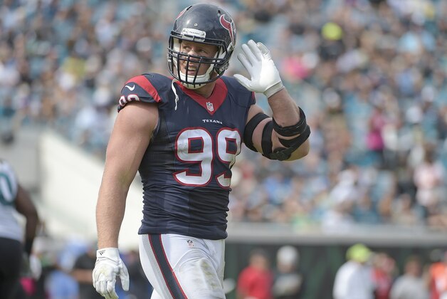 Houston Texans defensive end J.J. Watt (99) walks off the field after a series of plays against the Jacksonville Jaguars during the second half of an NFL football game in Jacksonville, Fla., Sunday, Oct. 18, 2015. Houston won 31-20. (AP Photo/Phelan M. Ebenhack)
