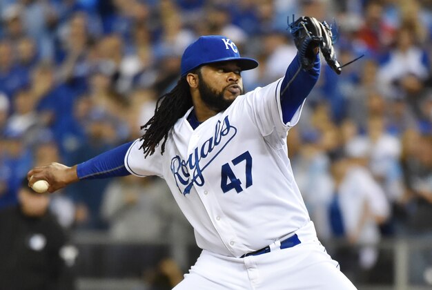 Oct 14, 2015; Kansas City, MO, USA; Kansas City Royals starting pitcher Johnny Cueto throws a pitch against the Houston Astros in the first inning in game five of the ALDS at Kauffman Stadium. Mandatory Credit: Peter G. Aiken-USA TODAY Sports