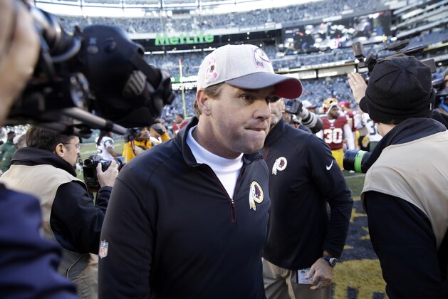 Washington Redskins head coach Jay Gruden walks on the field after an NFL football game against the New York Jets, Sunday, Oct. 18, 2015, in East Rutherford, N.J. The Jets won 34-20. (AP Photo/Seth Wenig)