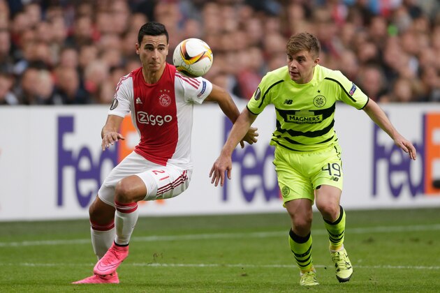 (L-R) Anwar El Ghazi of Ajax, James Forrest during the UEFA Europa League group A match between Ajax and Celtic on September 17, 2015 at the Amsterdam Arena in Amsterdam, The Netherlands.(Photo by VI Images via Getty Images)