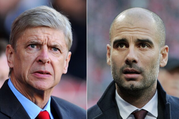 FILE PHOTO - EDITORS NOTE: COMPOSITE OF TWO IMAGES - Image Numbers 452603077 (L) and 452615683) In this composite image a comparison has been made between Arsene Wenger the Arsenal manager (L) and Head coach Josep Guardiola of Bayern Munich. Arsenal and Bayern Munich meet in the UEFA Champions League Round of 16 match 1st leg on February 19,2014 with the 2nd leg on March 11 ,2014.  ***LEFT IMAGE*** CARDIFF, WALES - NOVEMBER 30: Arsene Wenger manager of Arsenal looks on prior to the Barclays Premier League match between Cardiff City and Arsenal at Cardiff City Stadium on November 30, 2013 in Cardiff, Wales. (Photo by Mike Hewitt/Getty Images)  ***RIGHT IMAGE*** MUNICH, GERMANY - NOVEMBER 30: Josep Guardiola of Bayern comes onto the pitch before the Bundesliga match between Bayern Muenchen and Eintracht Braunschweig at Allianz Arena on November 30, 2013 in Munich, Germany. (Photo by Adam Pretty/Bongarts/Getty Images)