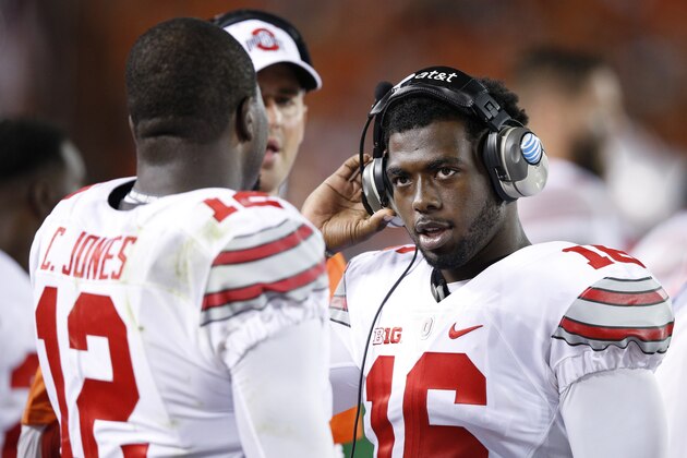 BLACKSBURG, VA - SEPTEMBER 7: J.T. Barrett #16 and Cardale Jones #12 of the Ohio State Buckeyes talk on the sideline during the game against the Virginia Tech Hokies at Lane Stadium on September 7, 2015 in Blacksburg, Virginia. Ohio State defeated Virginia Tech 42-24. (Photo by Joe Robbins/Getty Images)