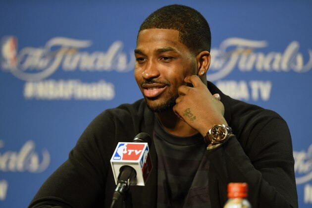 Jun 9, 2015; Cleveland, OH, USA; Cleveland Cavaliers center Tristan Thompson addresses the media after game three of the NBA Finals against the Golden State Warriors at Quicken Loans Arena. Cleveland won 96-91. Mandatory Credit: David Richard-USA TODAY Sports
