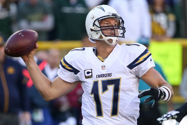 GREEN BAY, WI - OCTOBER 18:  Quarterback Philip Rivers #17 of the San Diego Chargers looks to pass in the first quarter against the Green Bay Packers at Lambeau Field on October 18, 2015 in Green Bay, Wisconsin.  (Photo by Jonathan Daniel/Getty Images)