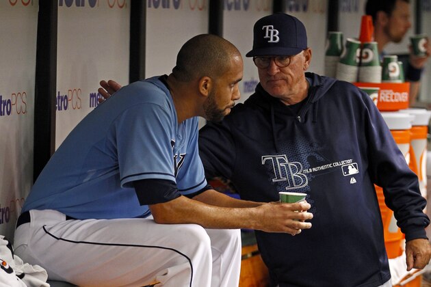 Tampa Bay Rays starting pitcher David Price, left, is removed from the game by manager Joe Maddon in the fifth inning of a baseball game against the Cleveland Indians Sunday, April 7, 2013, in St. Petersburg, Fla. (AP Photo/Mike Carlson)