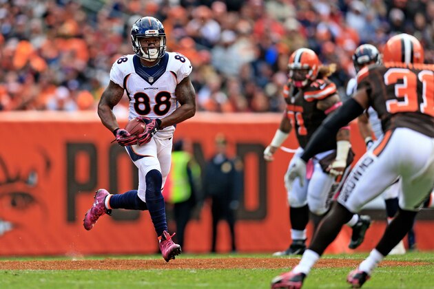 CLEVELAND, OH - OCTOBER 18: Wide receiver Demaryius Thomas #88 of the Denver Broncos makes a catch and looks to get vertical during the fourth quarter against the Cleveland Browns at Cleveland Browns Stadium on October 18, 2015 in Cleveland, Ohio. Broncos defeated Browns 26-23.  (Photo by Andrew Weber/Getty Images)