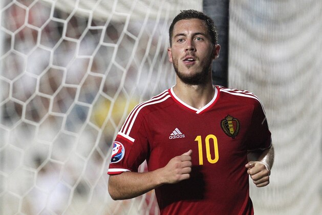 Belgium's Eden Hazard celebrates his goal against Cyprus during the Euro 2016 qualifying Group B match between Cyprus and Belgium, at GSP stadium, in Nicosia, Cyprus, Sunday, Sept. 6, 2015. (AP Photo/Petros Karadjias)