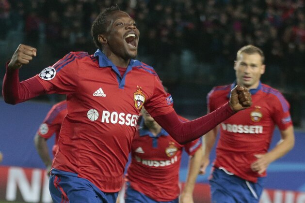 CSKA's Ahmed Musa celebrates scoring his side's first goal during a Champions League Group B soccer match between CSKA Moscow and PSV Eindhoven at the Arena Khimki stadium in Moscow, Russia, Wednesday Sept. 30, 2015. (AP Photo/Ivan Sekretarev)