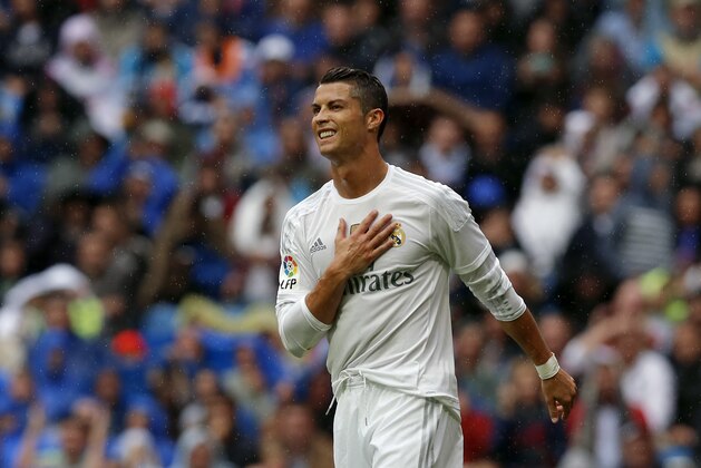 Real Madrid's Cristiano Ronaldo reacts during a Spanish La Liga soccer match between Real Madrid and Levante at the Santiago Bernabeu stadium in Madrid, Spain, Saturday, Oct. 17, 2015. (AP Photo/Daniel Ochoa de Olza)