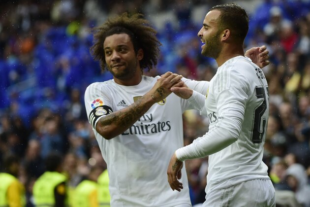 Real Madrid's forward Jese Rodriguez (R) celebrates a goal with Real Madrid's Brazilian defender Marcelo during the Spanish league football match Real Madrid CF vs Levante UD at the Santiago Bernabeu stadium in Madrid on October 17, 2015. AFP PHOTO/ PIERRE-PHILIPPE MARCOU (Photo credit should read PIERRE PHILIPPE MARCOU,PIERRE-PHILIPPE MARCOU/AFP/Getty Images) Real Madrid's forward Jese Rodriguez (R) celebrates a goal with Real Madrid's Brazilian defender Marcelo during the Spanish league football match Real Madrid CF vs Levante UD at the Santiago Bernabeu stadium in Madrid on October 17, 2015. AFP PHOTO/ PIERRE-PHILIPPE MARCOU (Photo credit should read PIERRE PHILIPPE MARCOU,PIERRE-PHILIPPE MARCOU/AFP/Getty Images)