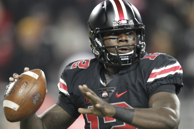 Ohio State quarterback Cardale Jones drops back to pass against Penn State during the first halfof an NCAA college football game Saturday, Oct. 17, 2015, in Columbus, Ohio. (AP Photo/Jay LaPrete)
