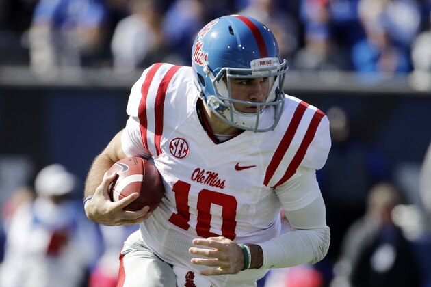 Mississippi quarterback Chad Kelly plays against Memphis in the first half of an NCAA college football game Saturday, Oct. 17, 2015, in Memphis, Tenn. (AP Photo/Mark Humphrey)