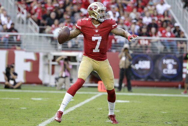 San Francisco 49ers quarterback Colin Kaepernick (7) passes against the Baltimore Ravens during an NFL football game in Santa Clara, Calif., Sunday, Oct. 18, 2015. (AP Photo/Marcio Jose Sanchez)