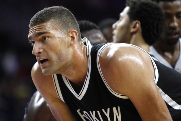 Oct 8, 2015; Auburn Hills, MI, USA; Brooklyn Nets center Brook Lopez (11) looks on during the third quarter against the Detroit Pistons at The Palace of Auburn Hills. The Nets won 93-83. Mandatory Credit: Raj Mehta-USA TODAY Sports