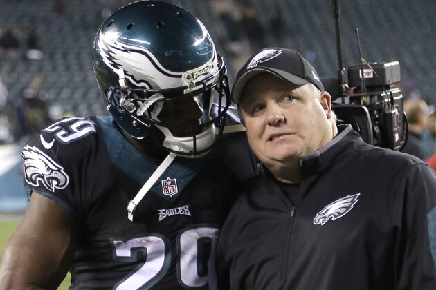 Philadelphia Eagles running back DeMarco Murray (29) talks to head coach Chip Kelly at the end of an NFL football game, Monday, Oct. 19, 2015, in Philadelphia. The Eagles beat the New York Giants 27-7. (AP Photo/Matt Rourke)