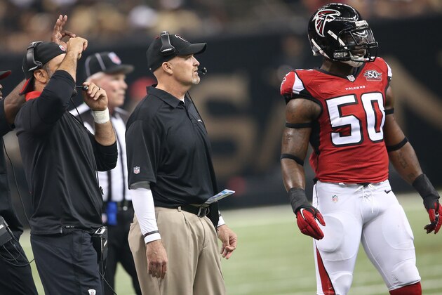 Atlanta Falcons head coach Dan Quinn walks the sidelines against the New Orleans Saints during the first half of an NFL football game, Thursday, Oct. 15, 2015, in New Orleans. (AP Photo/John Bazemore)