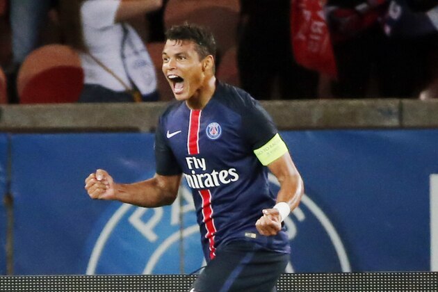 Paris Saint Germain's Thiago Silva celebrates a goal after scoring during the French League one soccer match between Paris Saint Germain and Ajaccio Gazelec,  at the Parc des Princes stadium in Paris, France. Sunday, Aug. 16, 2015.  (AP Photo/Jacques Brinon)
