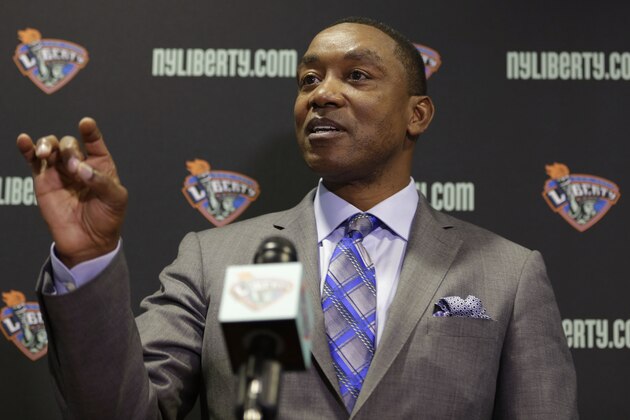 New York Liberty president Isiah Thomas speaks during a news conference in Tarrytown, N.Y., Thursday, May 21, 2015. Madison Square Garden chairman James Dolan has rehired Thomas - this time to run the WNBA's New York Liberty. (AP Photo/Seth Wenig)