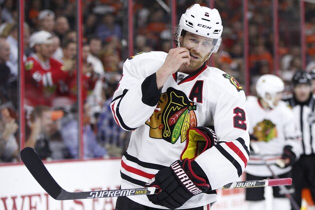 Chicago Blackhawks defenseman Duncan Keith looks on during the first period of a hockey game against the Philadelphia Flyers, Wednesday, Oct. 14, 2015, in Philadelphia. The Flyers won 3-0. (AP Photo/Chris Szagola)