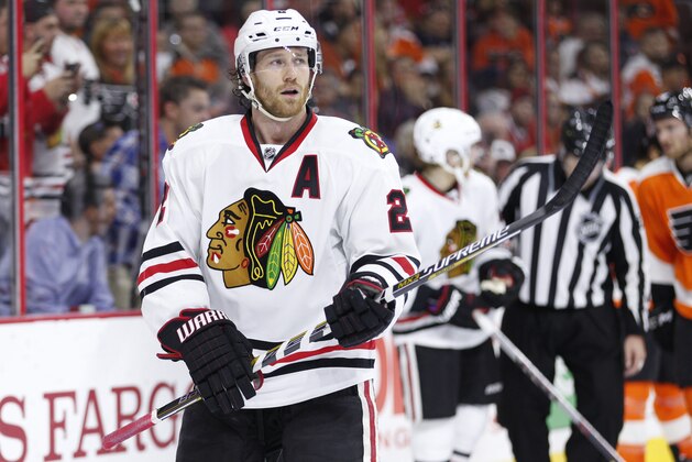 Chicago Blackhawks defenseman Duncan Keith looks on during the first period of a hockey game against the Philadelphia Flyers, Wednesday, Oct. 14, 2015, in Philadelphia. The Flyers won 3-0. (AP Photo/Chris Szagola)