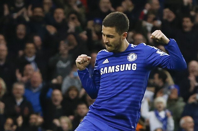 Chelsea's Eden Hazard celebrates scoring a goal during the English Premier League soccer match between Chelsea and Stoke City at Stamford Bridge stadium in London, Saturday, April 4, 2015. (AP Photo/Kirsty Wigglesworth)
