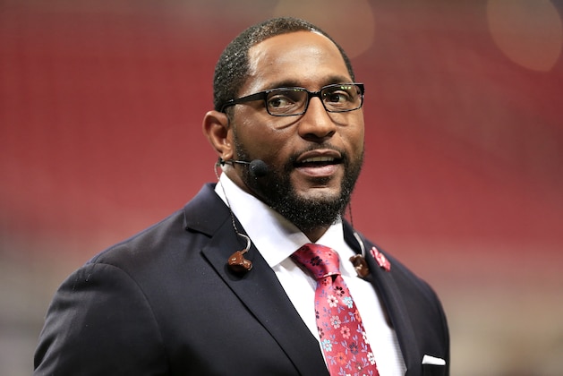 Television broadcaster and former Baltimore Raven Ray Lewis works before an NFL football game between the St. Louis Rams and the San Francisco 49ers Monday, Oct. 13, 2014, in St Louis. (AP Photo/Billy Hurst)