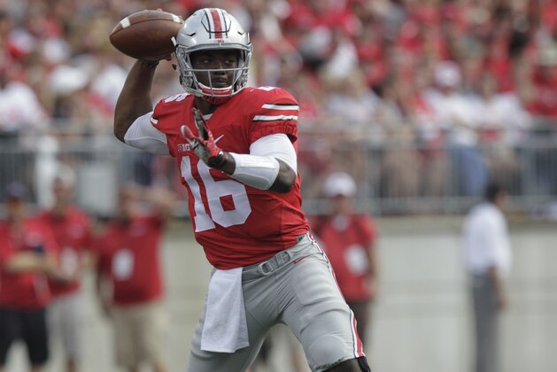 Ohio State quarterback J.T. Barrett plays against Northern Illinois during an NCAA college football game Saturday, Sept. 19, 2015, in Columbus, Ohio. (AP Photo/Jay LaPrete)