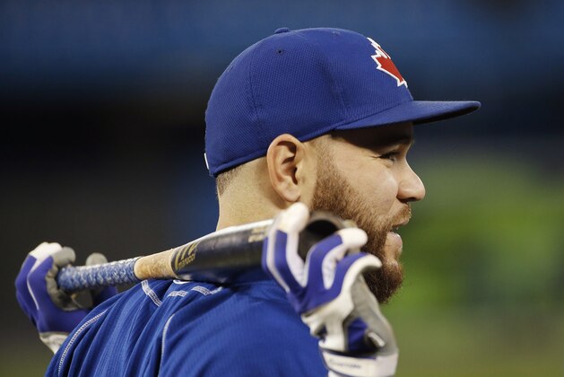 Toronto Blue Jays catcher Russell Martin watches during batting practice before Game 4 of baseball's American League Championship Series against the Kansas City Royals on Tuesday, Oct. 20, 2015, in Toronto. (AP Photo/Matt Slocum)