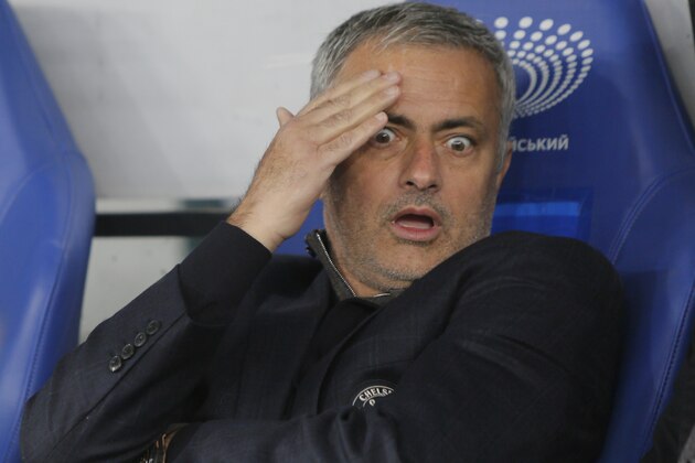Chelsea manager Jose Mourinho reacts before the Champions League Group G soccer match between Dynamo Kiev and Chelsea FC in Kiev, Ukraine, Tuesday, Oct. 20, 2015. (AP Photo/Sergei Chuzavkov)