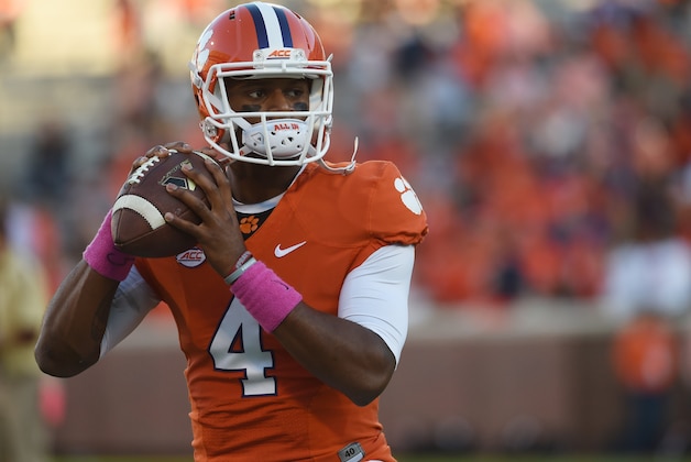 Clemson quarterback Deshaun Watson (4) warms up before an NCAA college football game against Boston College, Saturday, Oct. 17, 2015, in Clemson, S.C. (AP Photo/Rainier Ehrhardt)