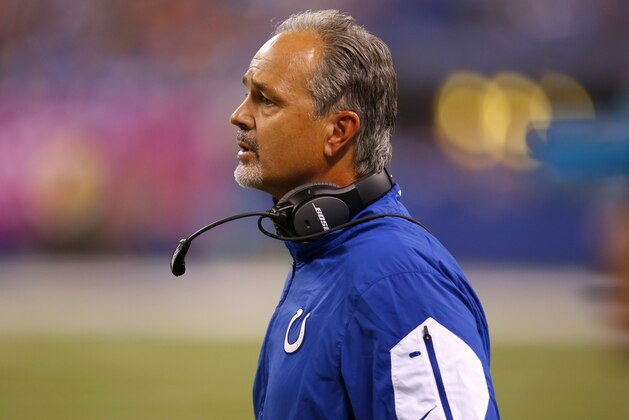Indianapolis Colts head coach Chuck Pagano watches his team play the New England Patriots during an NFL football game in Indianapolis, Sunday, Oct. 18, 2015.  (Jeff Haynes/AP Images for Panini)