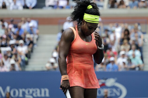 Serena Williams reacts after losing a point to Roberta Vinci, of Italy, during a semifinal match at the U.S. Open tennis tournament, Friday, Sept. 11, 2015, in New York. (AP Photo/Bill Kostroun)