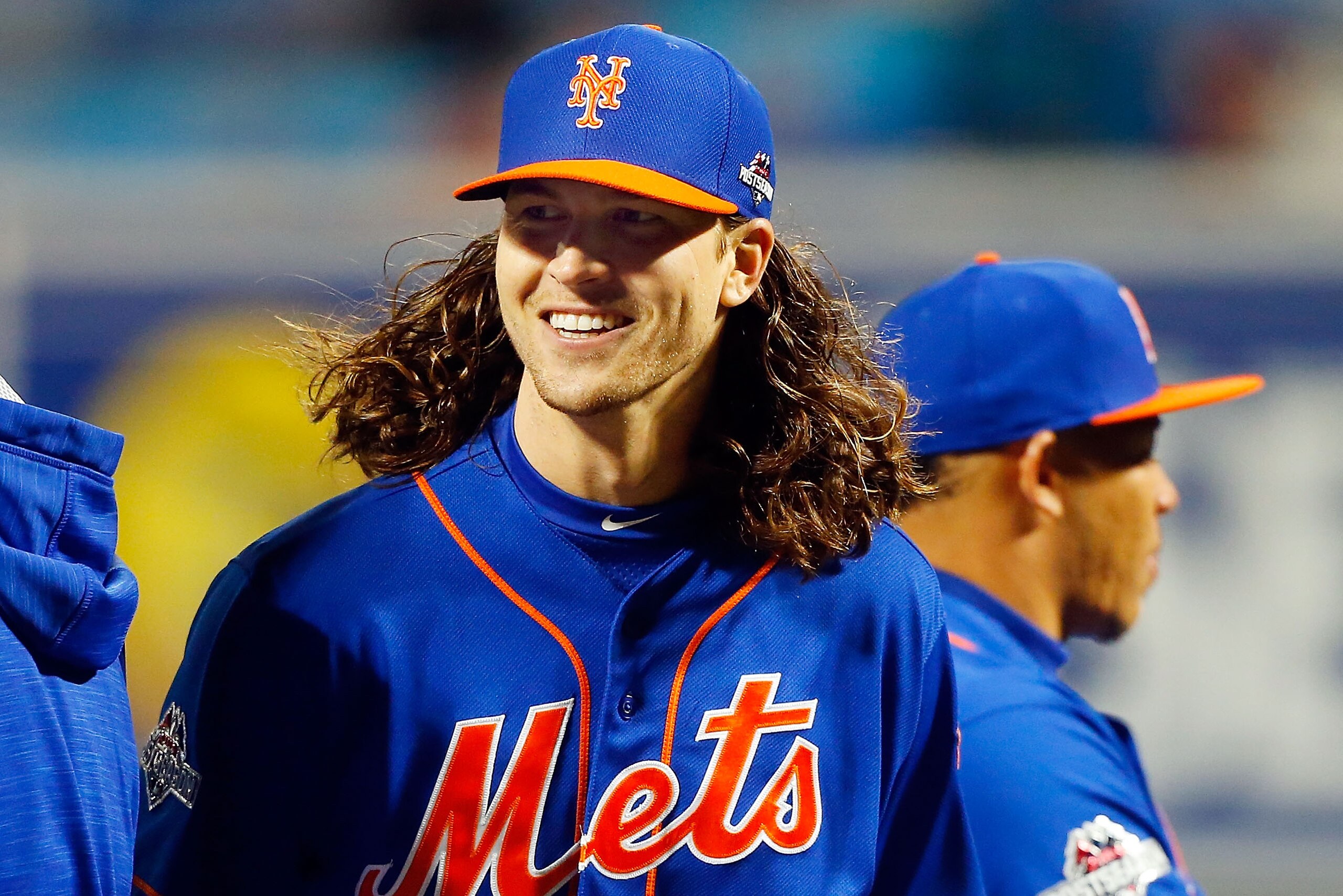 NEW YORK, NY - OCTOBER 17:  (NEW YORK DAILIES OUT)   Jacob deGrom #48 of the New York Mets looks on against the Chicago Cubs during game one of the 2015 MLB National League Championship Series at Citi Field on October 17, 2015 in the Flushing neighborhood of the Queens borough of New York City. The Mets defeated the Cubs 4-2.  (Photo by Jim McIsaac/Getty Images)