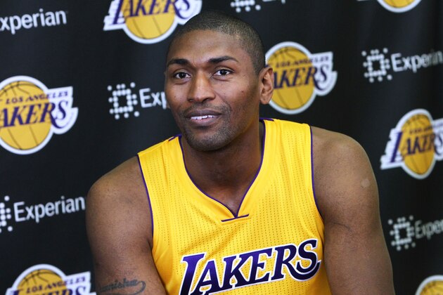 EL SEGUNDO, CA - SEPTEMBER 28:  Metta World Peace #37 of the Los Angeles Lakers addresses the media during the Los Angeles Lakers Media Dayat Toyota Sports Center on September 28, 2015 in El Segundo, California.  (Photo by Leon Bennett/Getty Images)