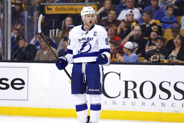 Oct 12, 2015; Boston, MA, USA; Tampa Bay Lightning center Steven Stamkos (91) celebrates his goal against the Boston Bruins during the second period at TD Garden. Mandatory Credit: Winslow Townson-USA TODAY Sports