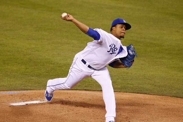 Kansas City Royals starting pitcher Edinson Volquez throws to the Toronto Blue Jays during first inning in Game 1 of baseball's American League Championship Series on Friday, Oct. 16, 2015, in Kansas City, Mo. (AP Photo/Paul Sancya)