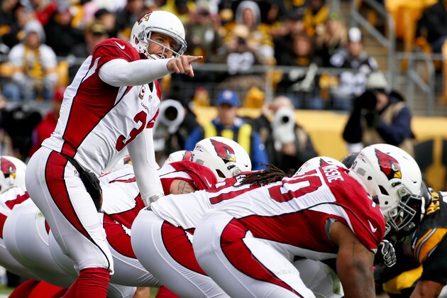 Arizona Cardinals quarterback Carson Palmer (3) calls signals in the first quarter an NFL football game against the Pittsburgh Steelers, Sunday, Oct. 18, 2015 in Pittsburgh. The Arizona Cardinals got the ball on the two yard line. (AP Photo/Gene J. Puskar)