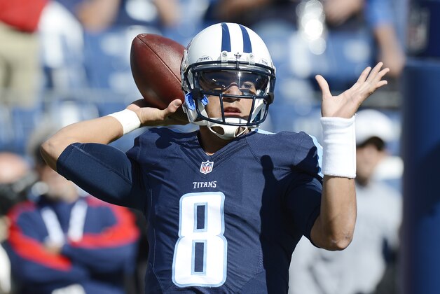 Tennessee Titans quarterback Marcus Mariota warms up before an NFL football game against the Miami Dolphins Sunday, Oct. 18, 2015, in Nashville, Tenn. (AP Photo/Mark Zaleski)