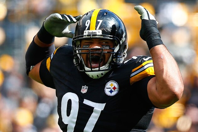 PITTSBURGH, PA - OCTOBER 18: Cameron Heyward #97 of the Pittsburgh Steelers wears eye black with the words 'Iron Head' on them in honor of his late father during the game against the Arizona Cardinals at Heinz Field on October 18, 2015 in Pittsburgh, Pennsylvania. Heyward was fined last week by the NFL for wearing the same message on his eye black. (Photo by Jared Wickerham/Getty Images)