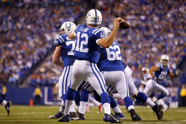 Indianapolis Colts quarterback Andrew Luck (12) throws a pass against the New England Patriots during an NFL football game in Indianapolis, Sunday, Oct. 18, 2015.  (Jeff Haynes/AP Images for Panini)