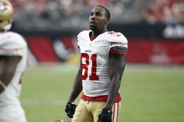 San Francisco 49ers wide receiver Anquan Boldin (81) watches during the second half of an NFL football game against the Arizona Cardinals, Sunday, Sept. 27, 2015, in Glendale, Ariz.  (AP Photo/Ross D. Franklin)