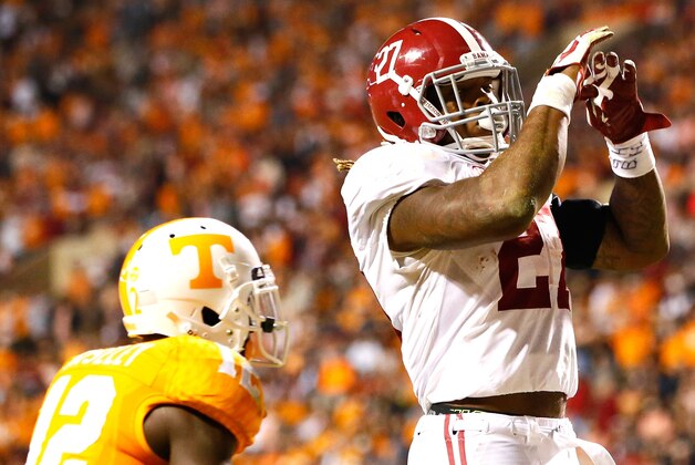 KNOXVILLE, TN - OCTOBER 25:  Derrick Henry #27 of the Alabama Crimson Tide reacts after rushing for a touchdown against Tennessee Volunteers at Neyland Stadium on October 25, 2014 in Knoxville, Tennessee.  (Photo by Kevin C. Cox/Getty Images)