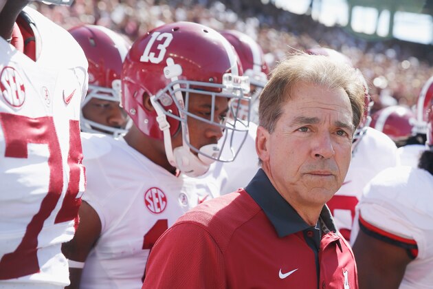 COLLEGE STATION, TX - OCTOBER 17:  Head coach Nick Saban of the Alabama Crimson Tide waits on the with his players on the field before the start of their game against the Texas A&M Aggies at Kyle Field on October 17, 2015 in College Station, Texas.  (Photo by Scott Halleran/Getty Images)