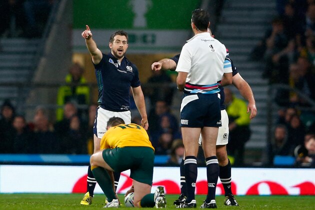 LONDON, ENGLAND - OCTOBER 18: Greig Laidlaw of Scotland talks to referee Craig Joubert after he awarded Australia a late penalty during the 2015 Rugby World Cup Quarter Final match between Australia and Scotland at Twickenham Stadium on October 18, 2015 in London, United Kingdom.  (Photo by Shaun Botterill/Getty Images)