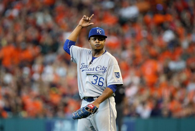 Oct 11, 2015; Houston, TX, USA; Kansas City Royals starting pitcher Edinson Volquez (36) reacts after a walk to the Houston Astros during the fifth inning in game three of the ALDS at Minute Maid Park. Mandatory Credit: Troy Taormina-USA TODAY Sports